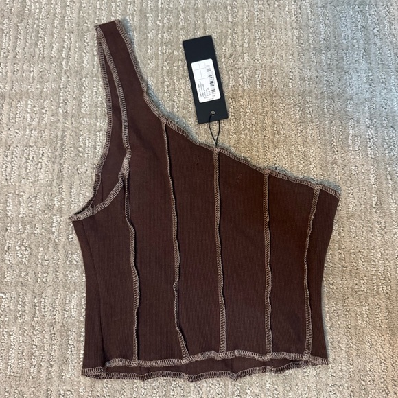 Motel Rocks Rara Crop Top In Rib Deep Mahogany With Brown Stitching - Picture 9 of 9